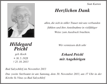 Traueranzeige von Hildegard Peichl 