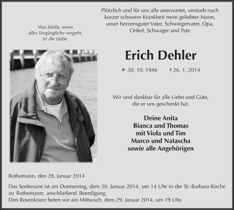  Traueranzeige für Erich Dehler vom 28.01.2014 aus 