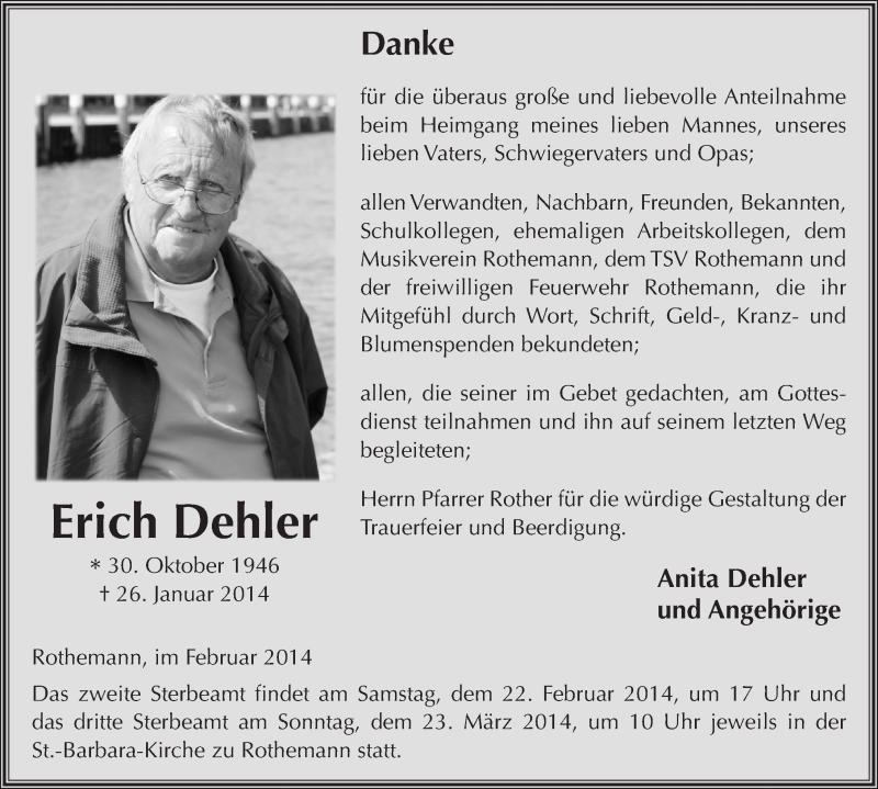  Traueranzeige für Erich Dehler vom 19.02.2014 aus 