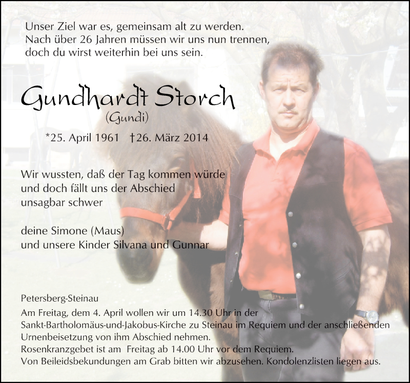  Traueranzeige für Gundhardt Storch vom 31.03.2014 aus 