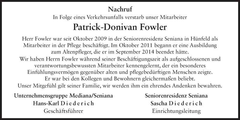  Traueranzeige für Patrick-Donivan Fowler vom 25.07.2014 aus 