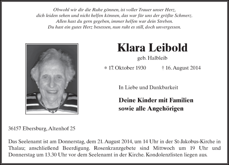  Traueranzeige für Klara Leibold vom 19.08.2014 aus 