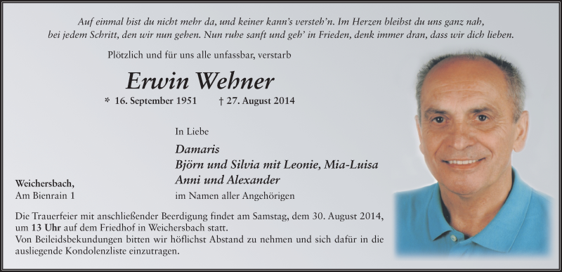 Traueranzeige für Erwin Wehner vom 29.08.2014 aus 