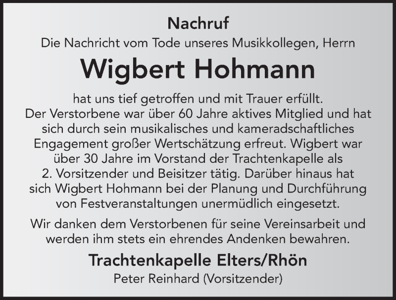  Traueranzeige für Wigbert Hohmann vom 09.10.2015 aus 