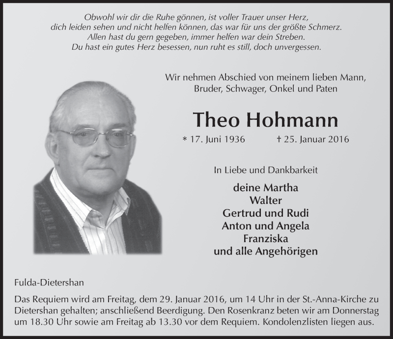  Traueranzeige für Theo Hohmann vom 27.01.2016 aus 