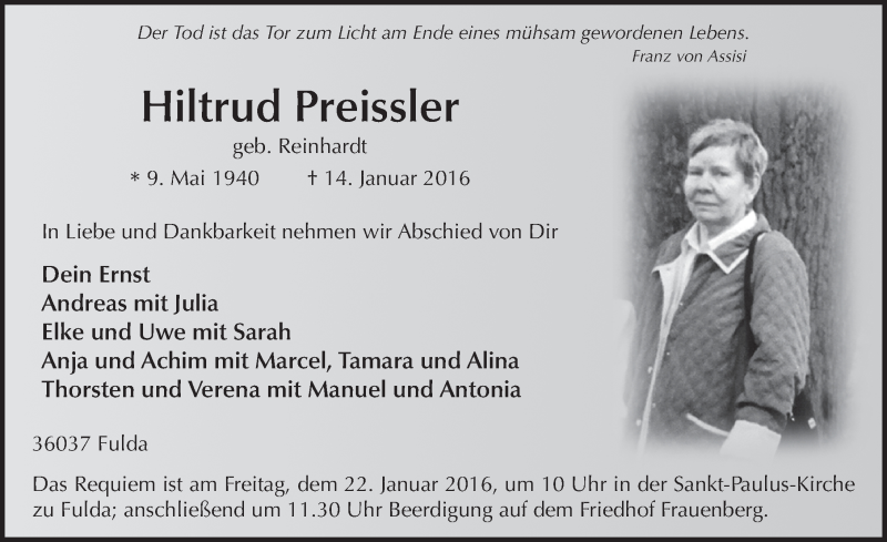  Traueranzeige für Hiltrud Preissler vom 19.01.2016 aus 