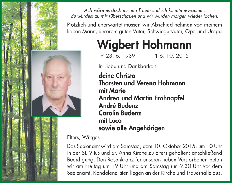  Traueranzeige für Wigbert Hohmann vom 08.10.2015 aus 