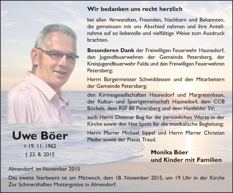  Traueranzeige für Uwe Böer vom 14.11.2015 aus 
