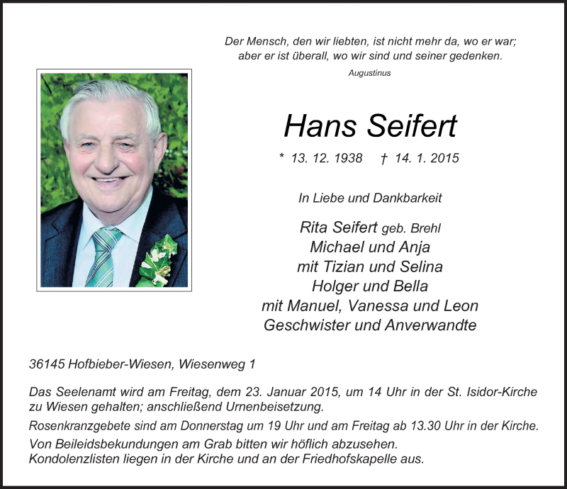  Traueranzeige für Hans Seifert vom 19.01.2015 aus 