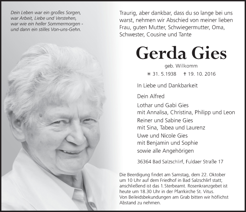  Traueranzeige für Gerda Gies vom 21.10.2016 aus 