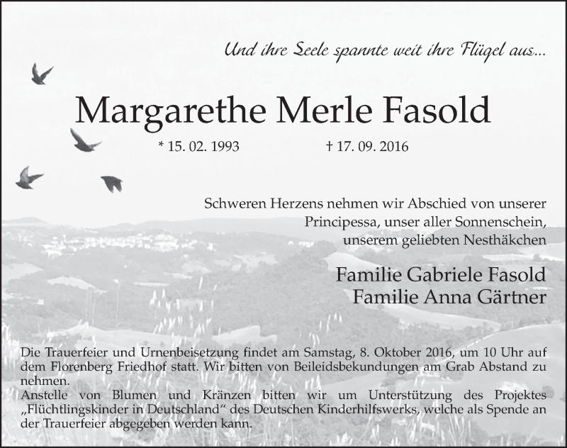  Traueranzeige für Margarethe Merle Fasold vom 04.10.2016 aus 