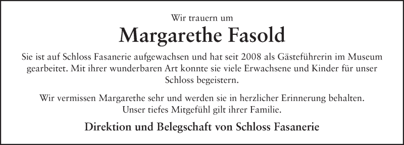  Traueranzeige für Margarethe Merle Fasold vom 05.10.2016 aus 