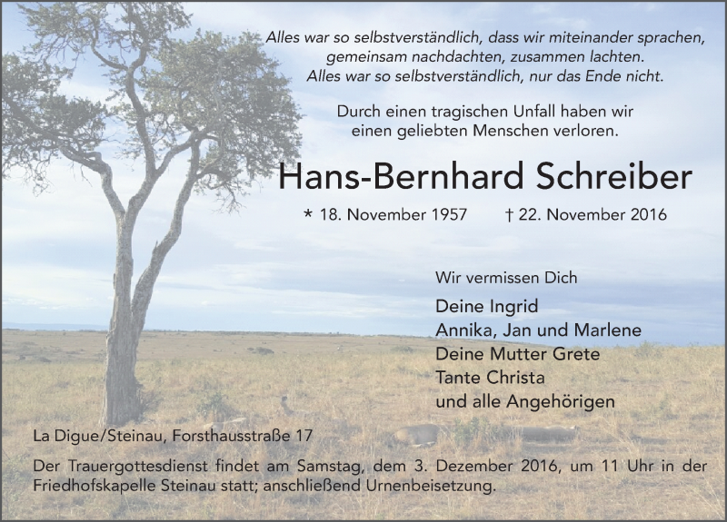  Traueranzeige für Hans-Bernhard Schreiber vom 29.11.2016 aus 