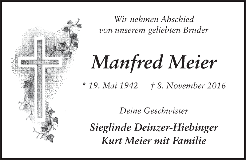  Traueranzeige für Manfred Meier vom 11.11.2016 aus 