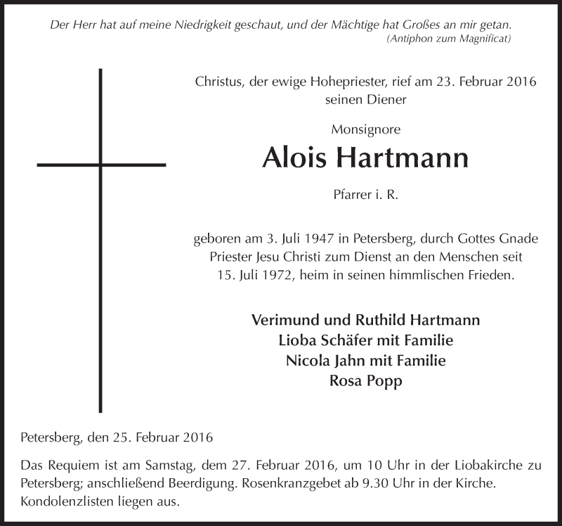  Traueranzeige für Alois Hartmann vom 25.02.2016 aus 