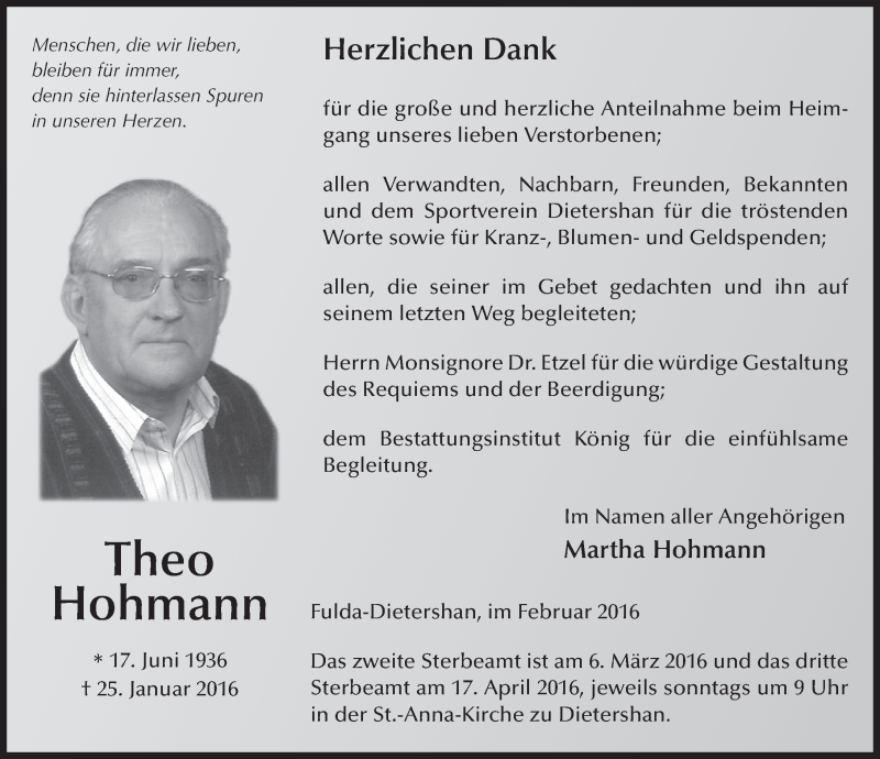  Traueranzeige für Theo Hohmann vom 27.02.2016 aus 