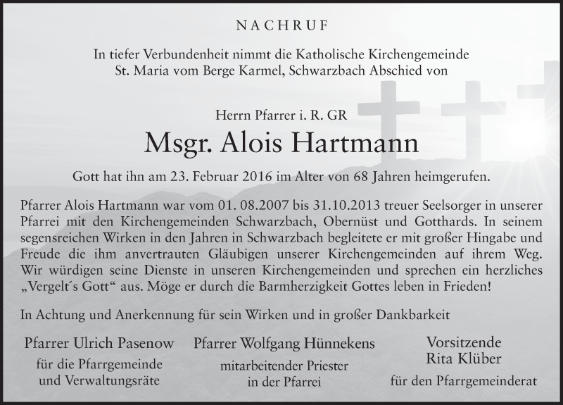  Traueranzeige für Alois Hartmann vom 26.02.2016 aus 