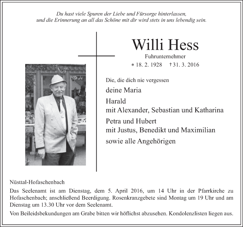  Traueranzeige für Willi Hess vom 02.04.2016 aus 