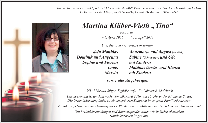  Traueranzeige für Martina Klüber-Vieth vom 18.04.2016 aus 