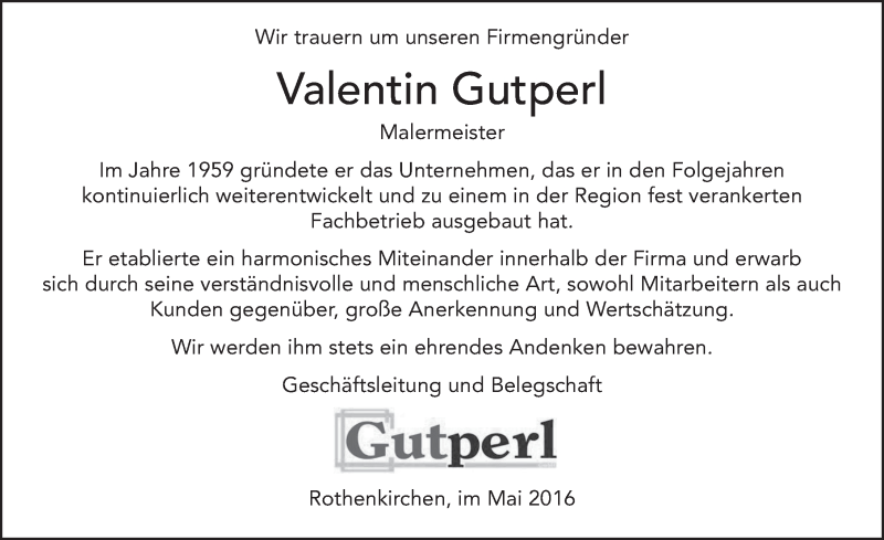  Traueranzeige für Valentin Gutperl vom 03.05.2016 aus 