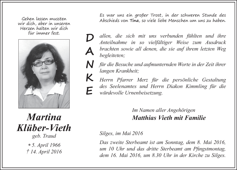  Traueranzeige für Martina Klüber-Vieth vom 06.05.2016 aus 
