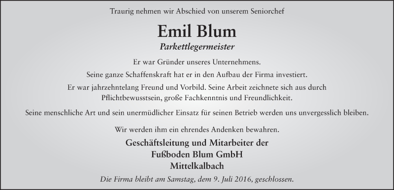  Traueranzeige für Emil Blum vom 07.07.2016 aus 
