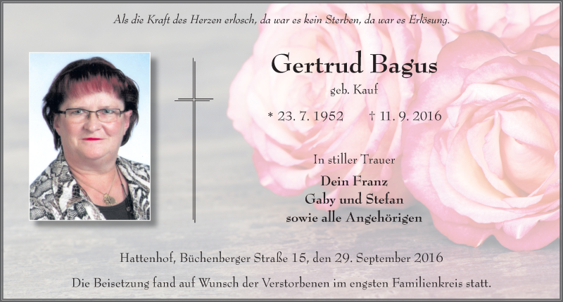  Traueranzeige für Gertrud Bagus vom 29.09.2016 aus 