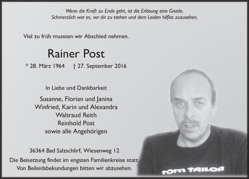  Traueranzeige für Rainer Post vom 29.09.2016 aus 