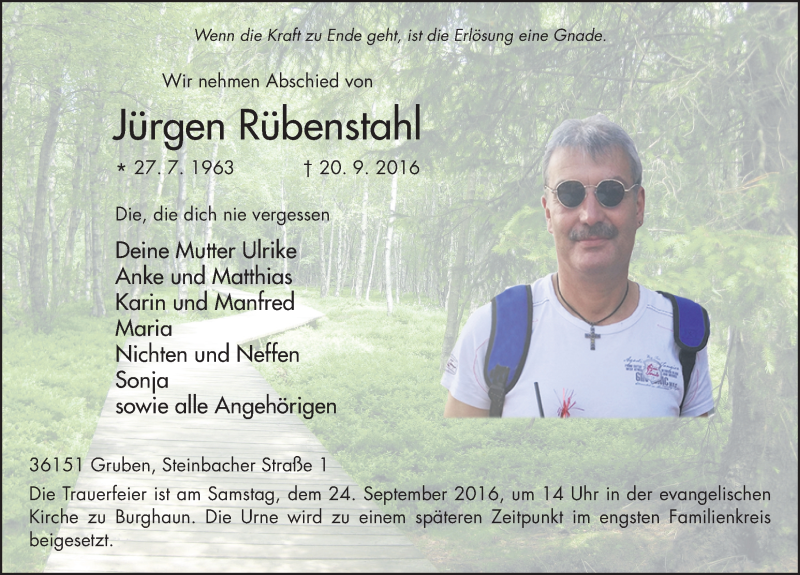  Traueranzeige für Jürgen Rübenstahl vom 22.09.2016 aus 