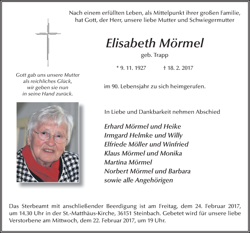  Traueranzeige für Elisabeth Mörmel vom 21.02.2017 aus 