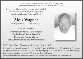 Traueranzeige von Alois Wagner 