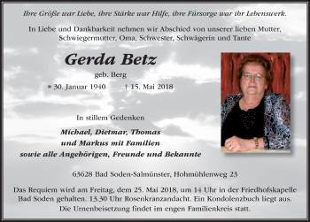 Traueranzeige von Gerda Betz 
