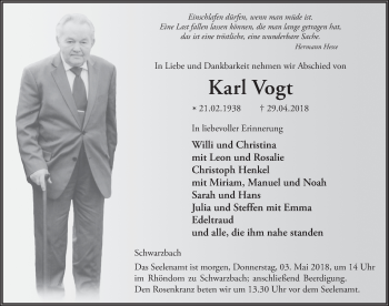 Traueranzeige von Karl Vogt 