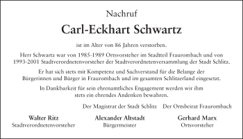 Traueranzeige von Carl-Eckhart Schwartz von FZ