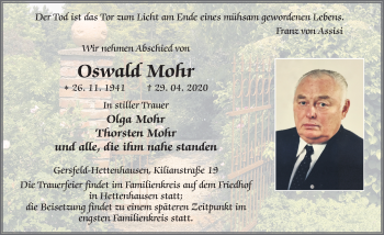 Traueranzeige von Oswald Mohr von FZ