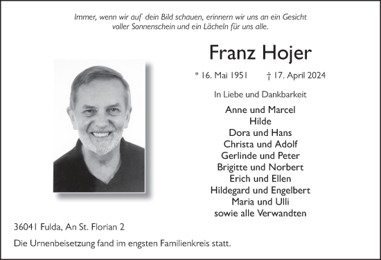 Traueranzeige von Franz Hojer von FZ
