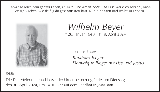 Traueranzeige von Wilhelm Beyer von FZ