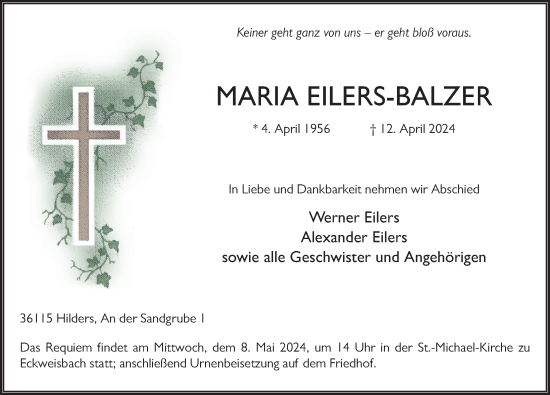 Traueranzeige von Maria Eilers-Balzer von FZ