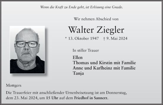 Traueranzeige von Walter Ziegler von FZ