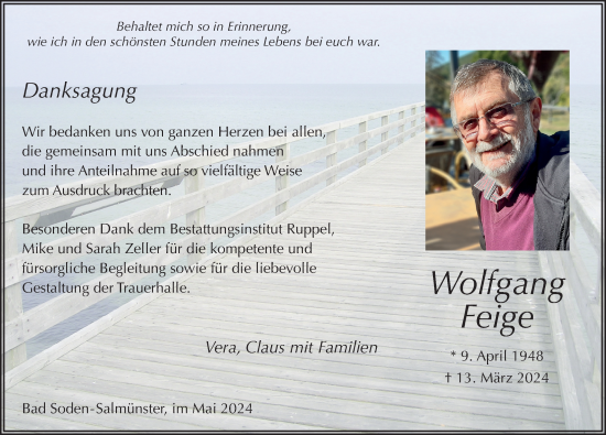 Traueranzeige von Wolfgang Feige von FZ