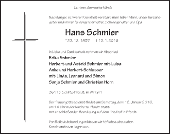 Traueranzeige von Hans Schmier 