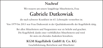 Traueranzeige von Gabriele Dutkowiak 