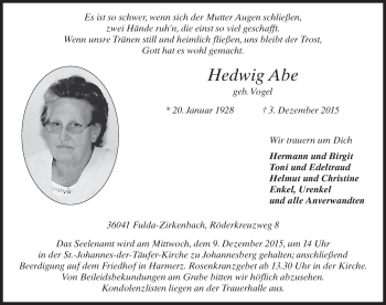 Traueranzeige von Hedwig Abe 