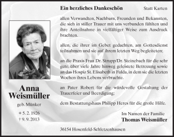 Traueranzeige von Anna Weismüller 