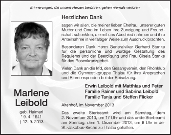 Traueranzeige von Marlene Leibold 