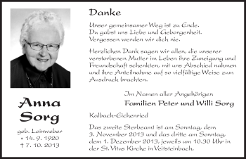 Traueranzeige von Anna Sorg 