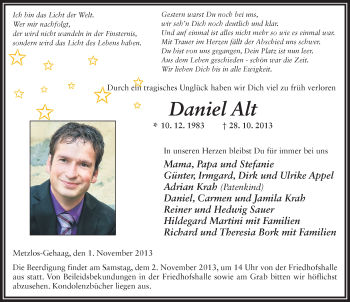 Traueranzeige von Daniel Alt 
