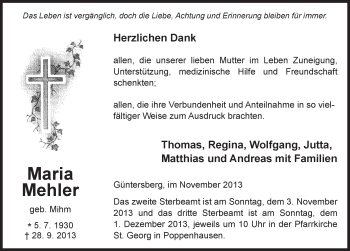 Traueranzeige von Maria Mehler 