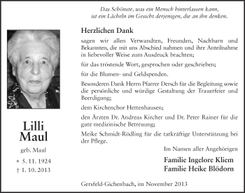 Traueranzeige von Lilli Maul 