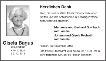 Traueranzeige von Gisela Bagus 